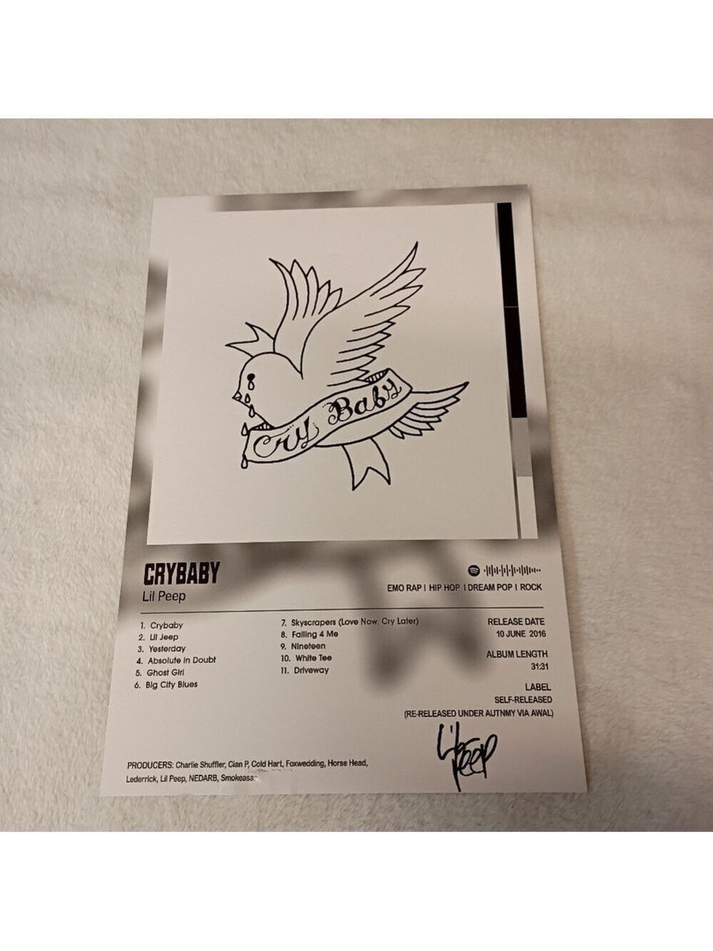 🆓 Free W/Purchase Thick Cardstock Lil Peep Crybaby Album Poster